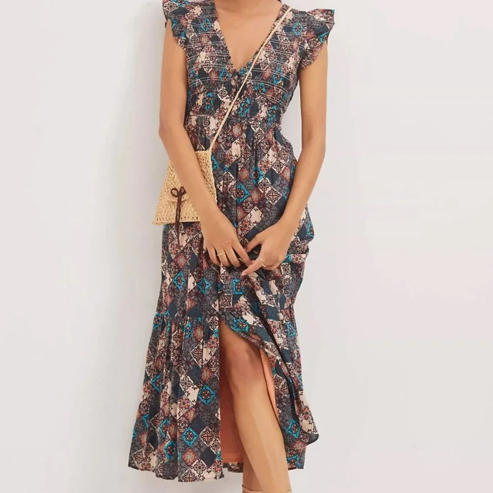 Anthropologie Smocked Ruffle Peregrine Midi Dress Turquoise Patch XL - Picture 2 of 14